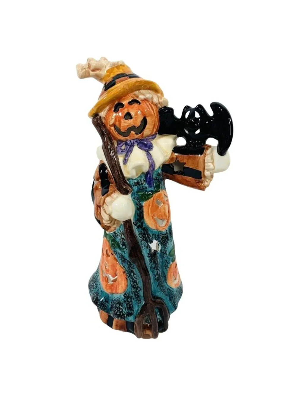 Halloween Pumpkin Scarecrow Tea Light Holder VTG Spooky Ceramic Figurine Ghost